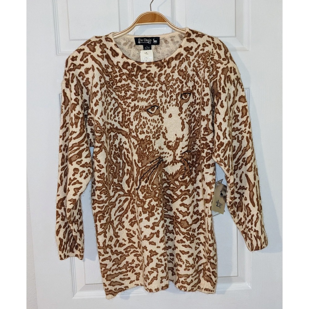 Le Chois Animal Print Sweater Leopard Graphic Knit‎ Pullover Top Large Vtg NWT